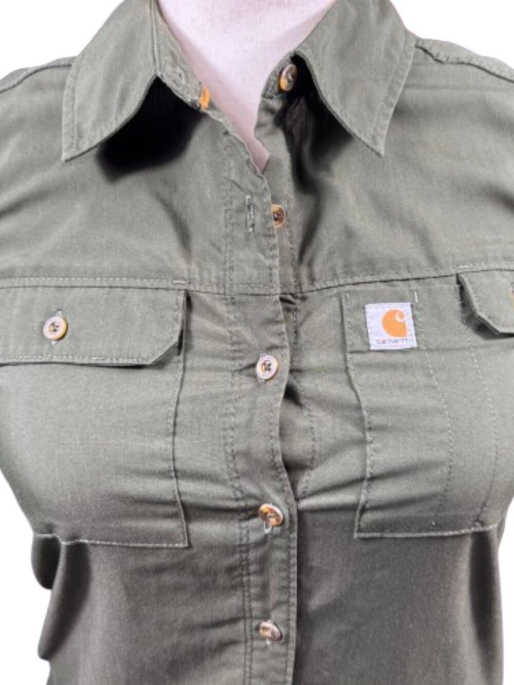 Carhartt Women’s Sleeveless Button Up Collared Green Gorpcore Granola Top (SZ M) - Picture 2 of 13